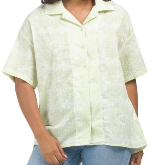 NWT PAPERHEART Women Cotton Green Print Short Sleeve Button Up Top Size - Picture 1 of 7